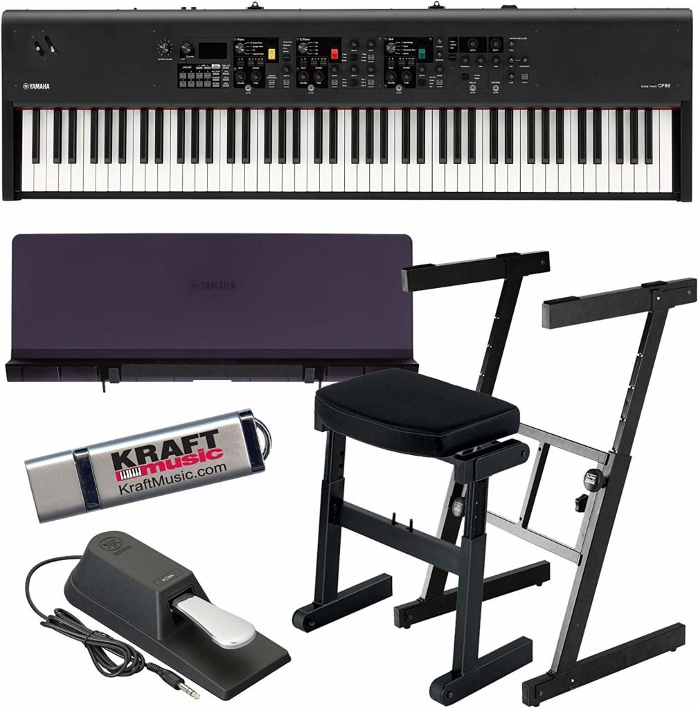 Digital piano keyboard above a padded bench with a sustain pedal