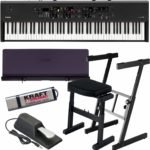 Digital piano keyboard above a padded bench with a sustain pedal