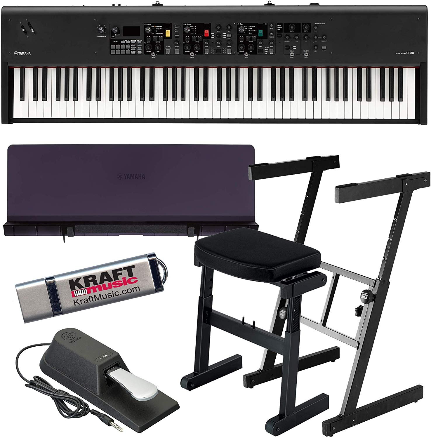 Digital piano keyboard above a padded bench with a sustain pedal