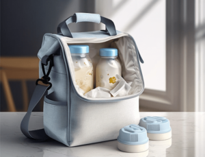Grey baby cooler bag open to show bottles and formula containers