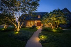 LED landscape and flood lights illuminating a front yard at night