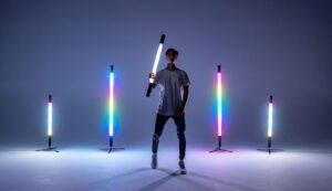 Colour changing LED tube lights on stands