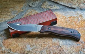 Large kitchen knife resting beside a sharpening stone